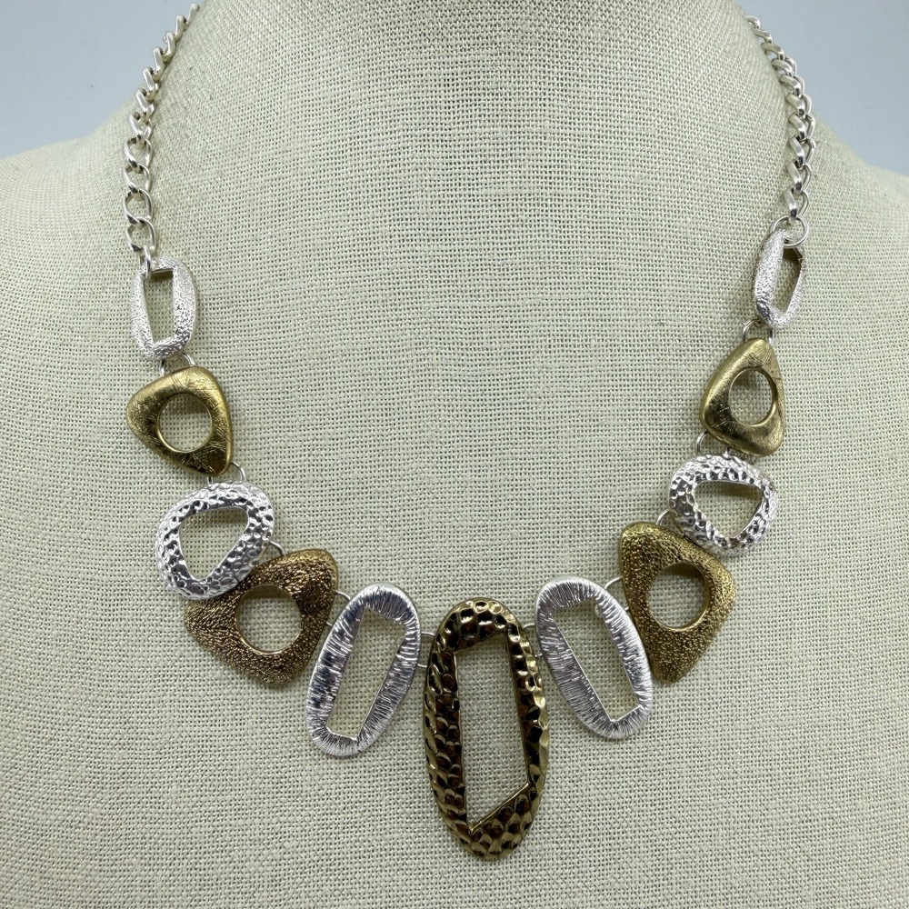 Mixed Metal Abstract Geometric Bib Necklace Gold & Silver Tone Statement Jewelry